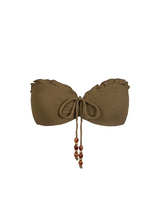 Brown bandeau top with beaded string on a white background