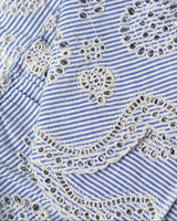 Close-up of blue and white striped fabric with lace detailing