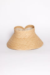 Beige straw visor hat on a white background
