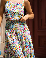 Multicolored floral dress worn by a person with a blurred background