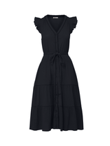 A black maxi shirtdress with ruffle sleeves and a tie-belt waist.