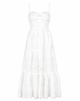 White eyelet midi dress with spaghetti straps, a sweetheart neckline, and a tiered skirt, shown against a plain white background.