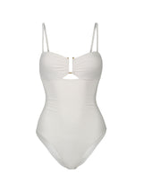 White one-piece swimsuit with thin straps on a white background