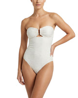 White strapless swimsuit worn by a model on a white background