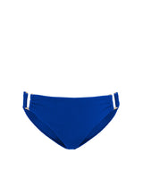 Blue bikini bottom with white straps on a white background