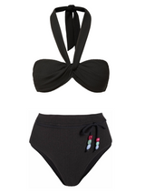 Loryn Swim Top + Belted Hi Waist Hi Leg Bottom Black Texture