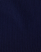 Close-up texture image of a navy-colored one-piece swimsuit fabric.