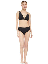 Model wearing a black plunge neckline, classic bikini top with adjustable straps and an elastic underband with a matching classic midrise bikini bottom