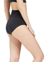 the side of model wearing a black scoop neckline bikini top with under-bust band and adjustable straps with matching high rise bikini bottom