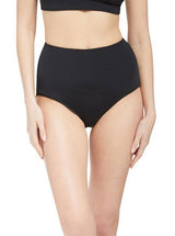 model wearing a black scoop neckline bikini top with under-bust band and adjustable straps with matching high rise bikini bottom