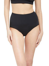 Model wearing black classic high waist bikini bottom with full cheek coverage with matching bikini top