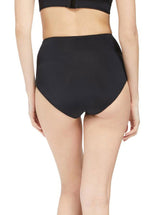 the back of model wearing a black scoop neckline bikini top with under-bust band and adjustable straps with matching high rise bikini bottom