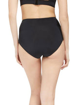 the back of Model wearing black classic high waist bikini bottom with full cheek coverage with matching bikini top