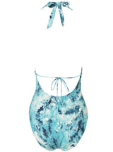 The back of Ocean print deep plunged one piece swimsuit with an adjustable halter-neck tie and under-bust string