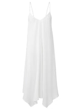 Fresh white strappy and long flowy dress with adjustable back shoulder straps, and v-neckline front and back with pockets.
