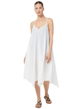 Model wearing a fresh white strappy and long flowy dress with adjustable back shoulder straps, and v-neckline front and back with pockets with black sandals.