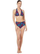 Model wearing a floral bikini top with halter neck tie, adjustable cups, and a spaghetti tie under the bust with matching high waist bikini bottoms with side knot