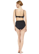 Back of a model wearing a black scoop neckline bikini top with under-bust band and adjustable straps with matching high rise bikini bottom