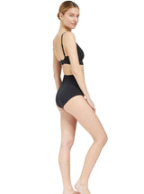 side of a model wearing a black scoop neckline bikini top with under-bust band and adjustable straps with matching high rise bikini bottom