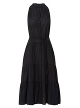 Black sleeveless, high neck with ruffle detail, buttoned shirt dress with optional matching belt with tassels and pockets. 