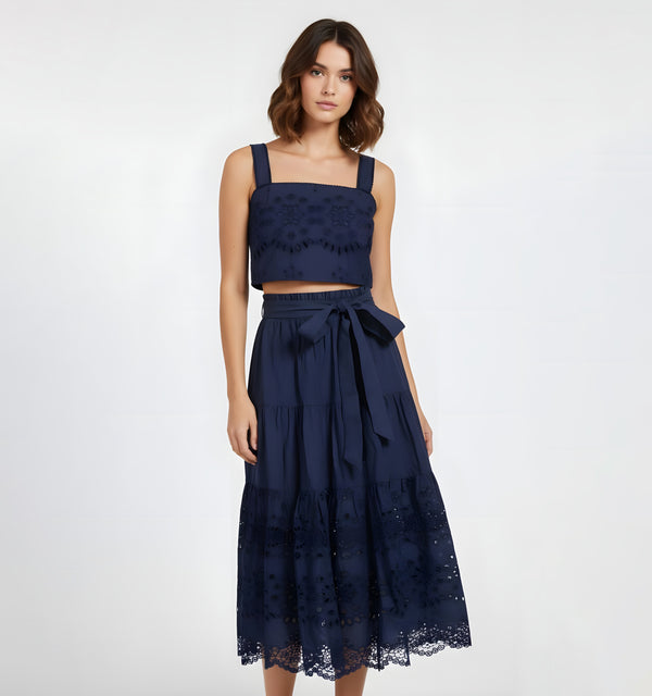 Ilyssa Top + Jenni Skirt Set In Navy Calypso Eyelet
