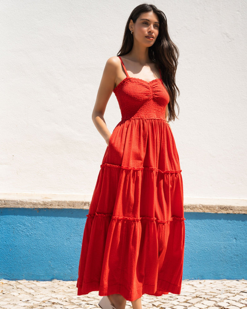 Cecilia Dress In Guava Red Seersucker | CHANGE OF SCENERY  Change of  Scenery