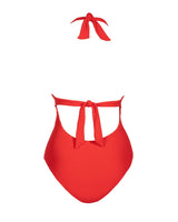 Red swimsuit top with straps on a white background