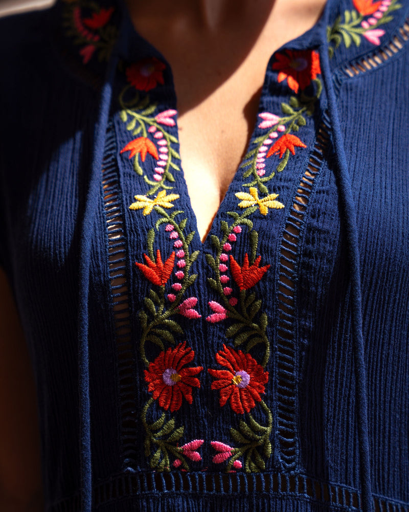 Close-up of a blue embroidered garment with floral patterns