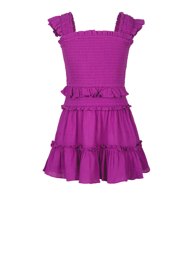 Purple dress with ruffled details on a white background