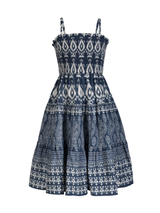 Blue and white patterned dress on a white background