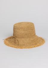 Brown straw hat with frayed edge on a light gray background