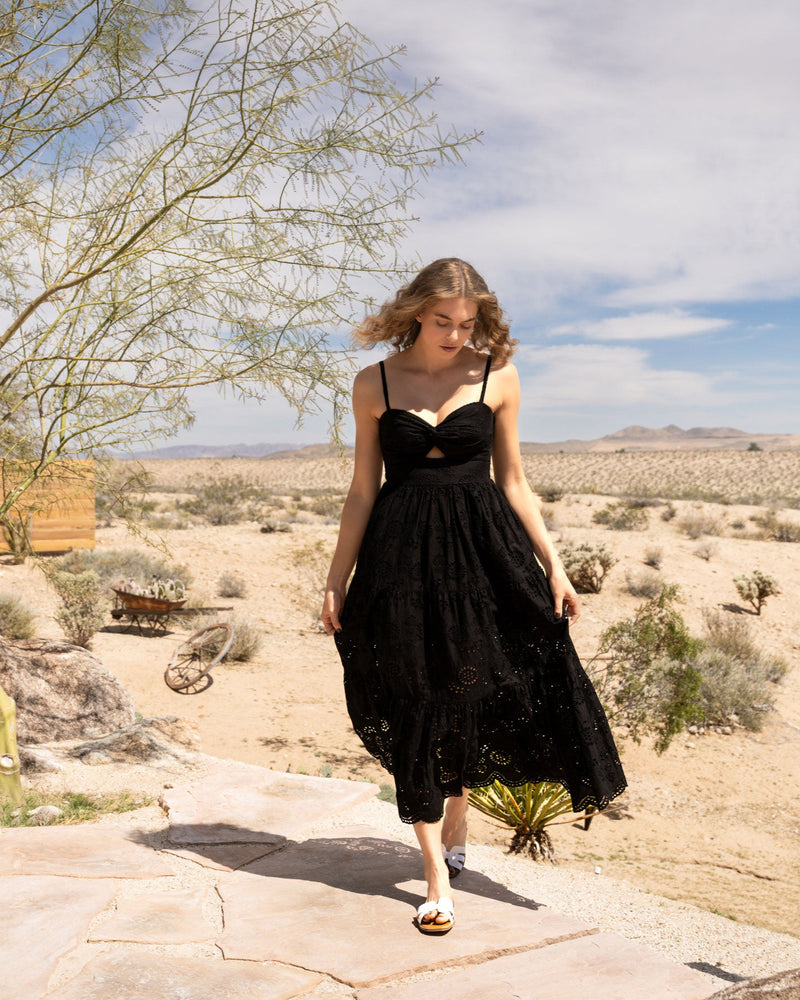 eyelet black dress Covered Button Maxi - and puff sleeves with elasticated ruffled cuffs Everlane Eyelet Midi Dress In