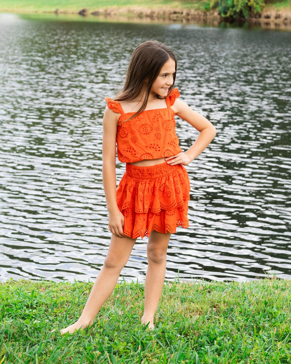 Girls Bryn Top & Skirt Set In Flame San Andrés Eyelet