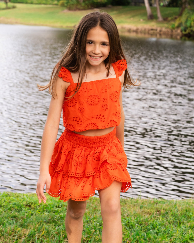 Girls Bryn Top & Skirt Set In Flame San Andrés Eyelet