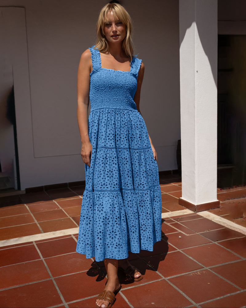 kristen maxi dress KRISTEN RUFFLE WRAP MAXI DRESS in AMERICAN BEAUTY CAROLINA BLUE