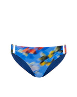 Colorful swim briefs with a fish pattern on a white background