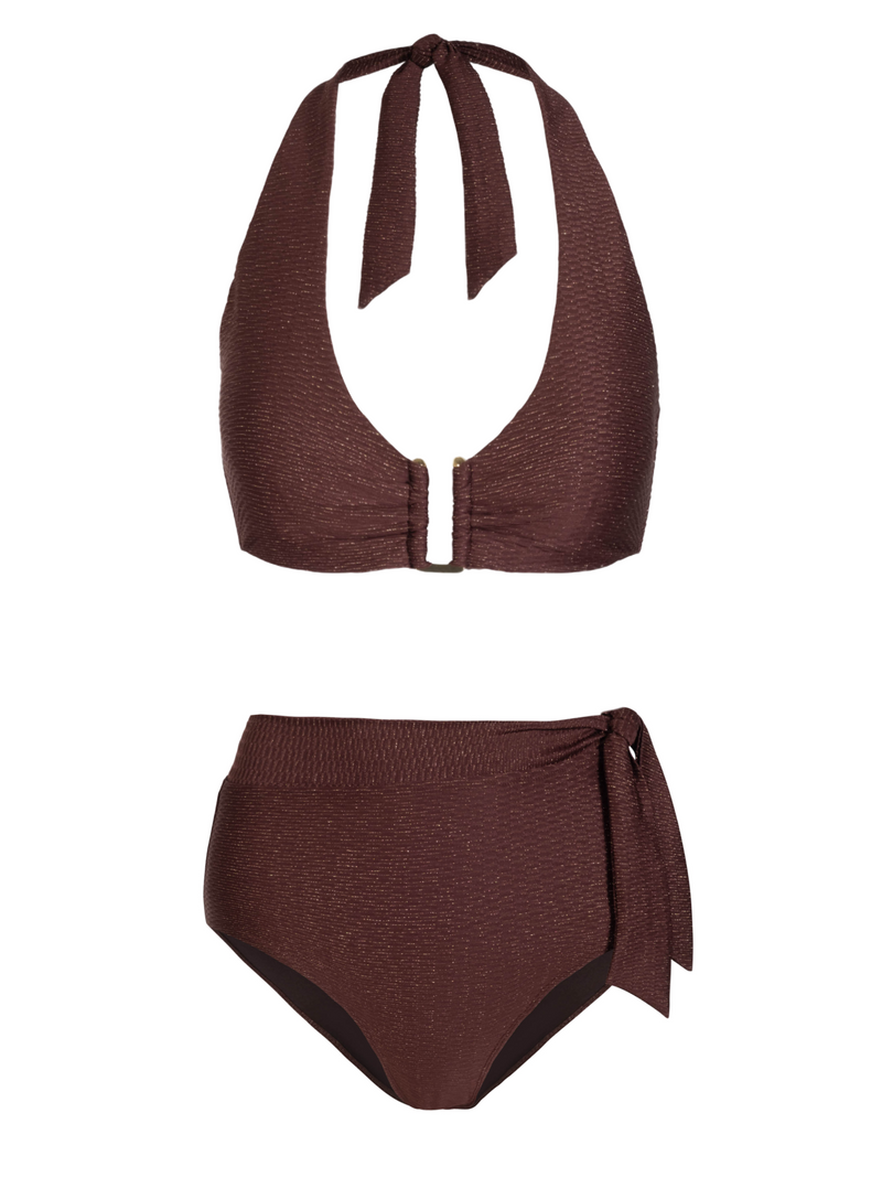 Shana Top + Side Tie High Waist Bottom In Cacao Metallic