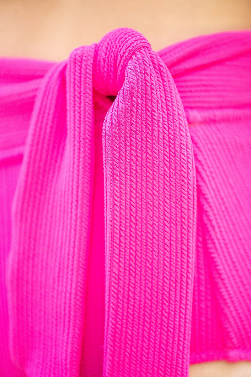 Side Tie High Waist Bottom Shocking Pink Textured Stripe