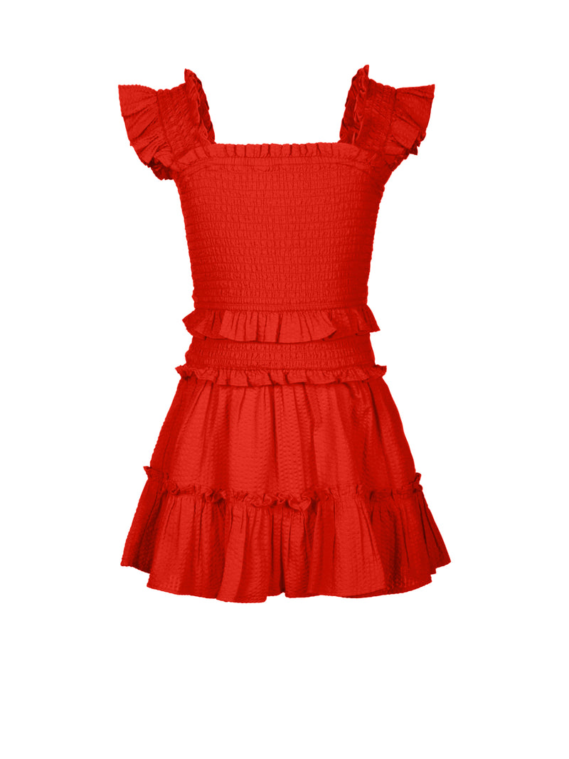 Girls Zoe Dress In Guava Red Seersucker