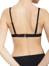 the back of Model wearing a black plunge neckline, classic bikini top with adjustable straps and an elastic underband with a matching classic midrise bikini bottom