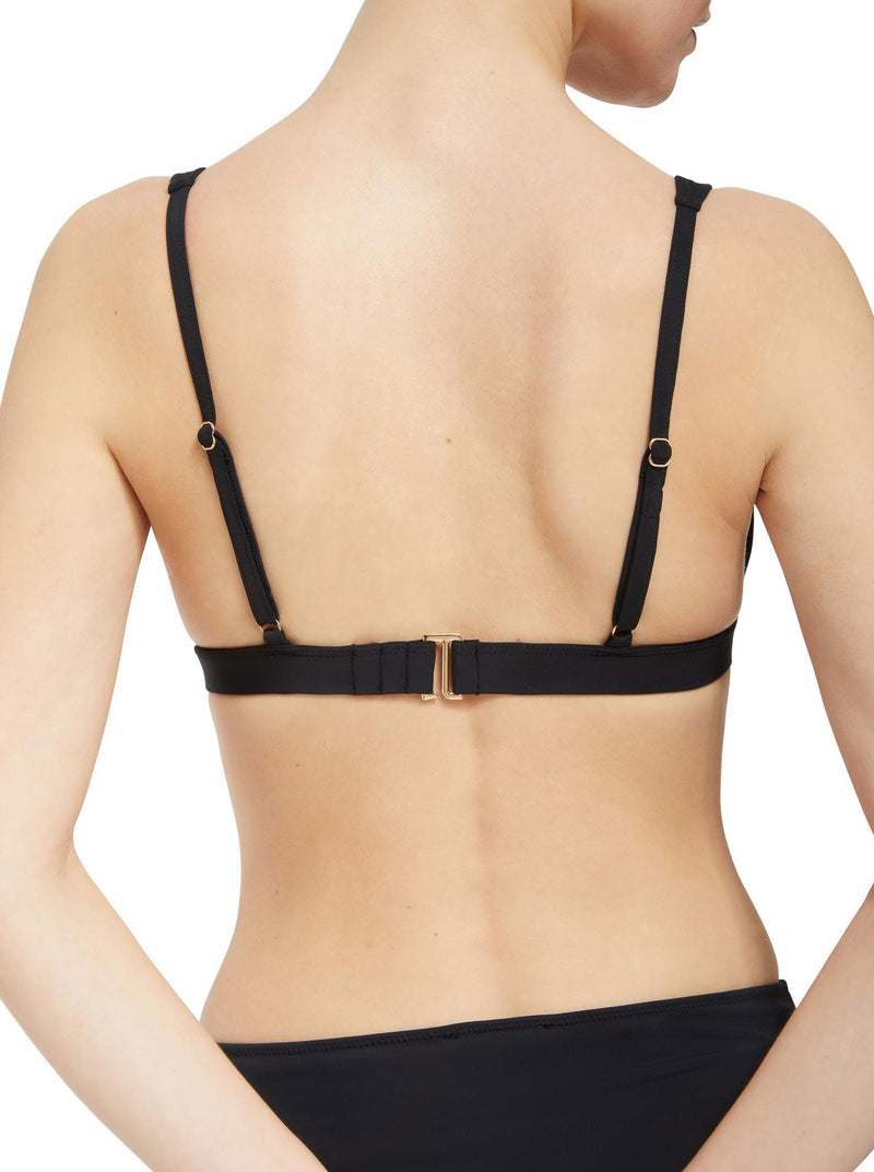 The back of a model wearing a black plunge neckline, classic bikini topwith adjustable straps and an elastic underband with a matching classic midrise bikini bottom