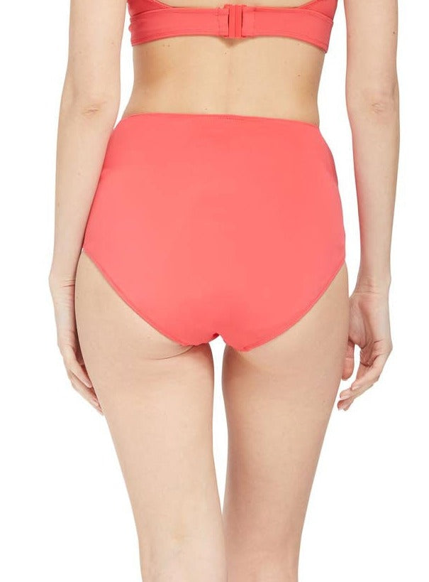 the back of Model wearing coral classic high waist bikini bottom with full cheek coverage with matching bikini top 
