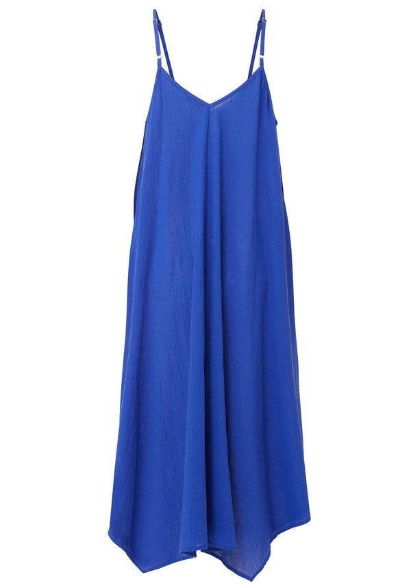 Cobalt blue strappy and long flowy dress with adjustable back shoulder straps, and v-neckline front and back with pockets.