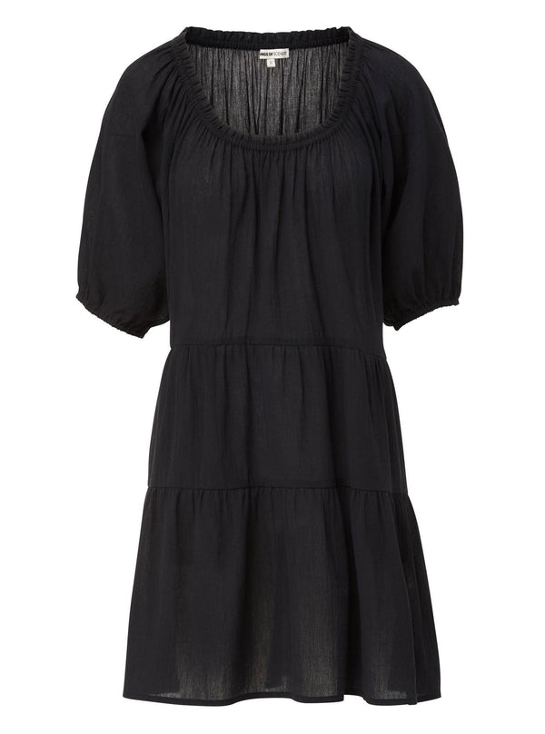black slightly above the knee dress with rounded neckline and short puff sleeve with a covered elastic cuff 