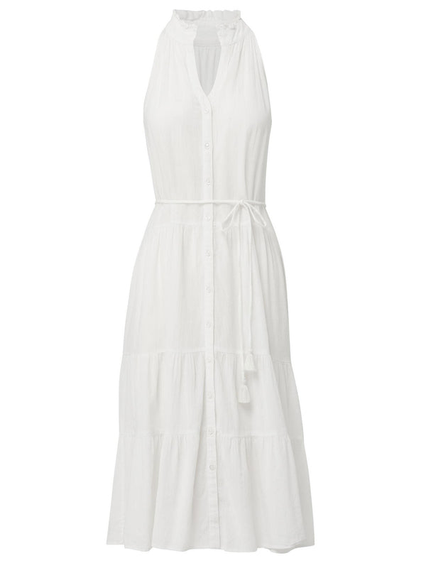 Fresh white sleeveless, high neck with ruffle detail, buttoned shirt dress with optional matching belt with tassels and pockets. 
