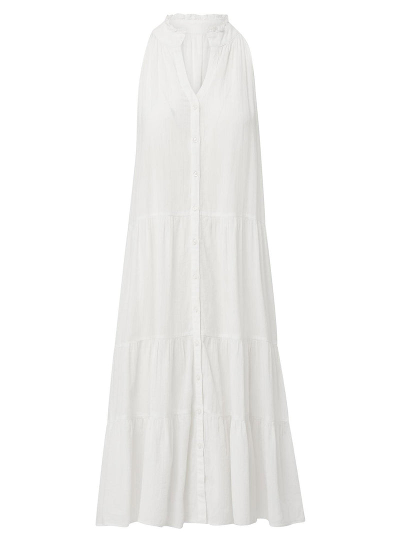 Fresh white sleeveless, high neck with ruffle detail, buttoned shirt dress with optional matching belt with tassels and pockets. 