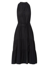Black sleeveless, high neck with ruffle detail, buttoned shirt dress with optional matching belt with tassels and pockets. 
