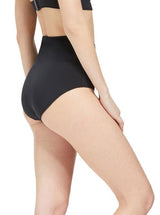 the side of Model wearing black classic high waist bikini bottom with full cheek coverage with matching bikini top 