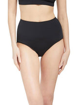 Model wearing coral classic high waist bikini bottom with full cheek coverage with matching bikini top 