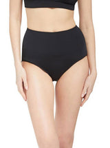 Model wearing black classic high waist bikini bottom with full cheek coverage with matching bikini top 